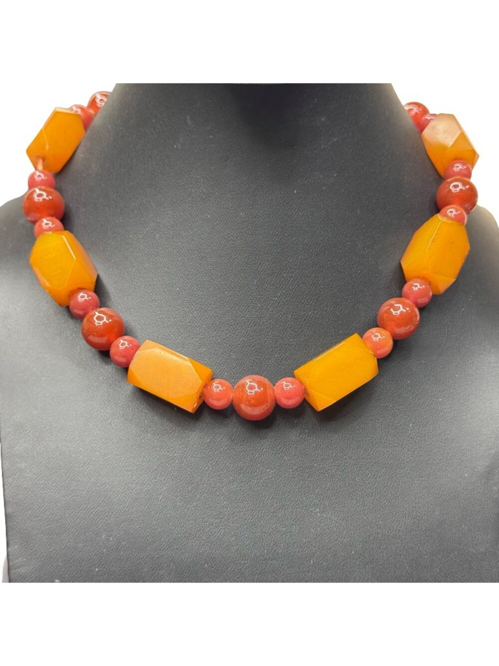 Vintage Amber & Red Bead Necklace Screw Clasp Collar Choker Bib Authentic Modern